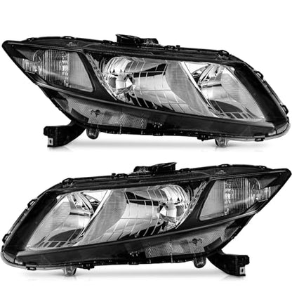 WEELMOTO Halogen Headlights Assembly for 2012-2015 Honda Civic 4Dr Sedan - color: Clear Lens l Black Housing l Clear Reflector