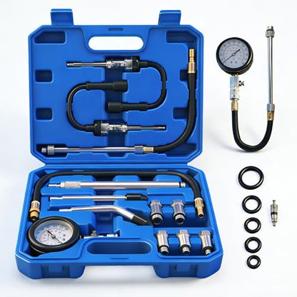 Upgraded Compression Tester & Spark Plug Tester Kit, 0-300 PSI Gauge for Gasoline/Diesel Engines, with Adapters, Hoses & Sturdy Case for Automotive Use