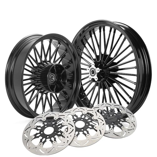 TOFR 21" 18" Fat Spoke Wheels w/Floating Rotors For Harley Touring 09-25 - color: Black Wheels + Floating Rotors, size: Front:21x3.5 Rear:18x5.5