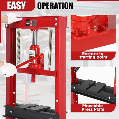 12 Ton Hydraulic Shop Press, Heavy-Duty H-Frame Garage Floor Press with Stamping Plates, Adjustable Height Bearing Press for Metal Straightening, Bending, Parts Pressing & Automotive Repair