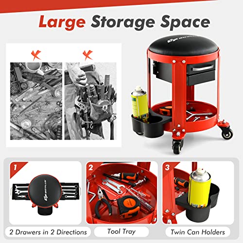 Goplus Rolling Mechanic Stool, Shop Stool Creeper Seat with Removable Padded Seat, 2 Drawers, Tool Tray, Twin Can Holder, Universal Wheels, Round Garage Workshop Chair, 330 Lbs Max Capacity (Red) - color: Red