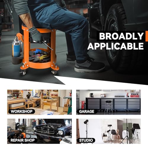 Auto Dynasty Mechanic Stool Chair w/Tool Tray & Rotatable Seat, Orange - color: Orange