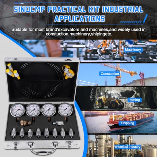 Hydraulic Pressure Test Kit with 4 Gauges 10 Couplings 3 Hoses, Hydraulic Tester Gauge Set 10Mpa/25Mpa/40Mpa/60Mpa for Excavator Construction Machinery - size: Silver 4 Gauges 10 Couplings