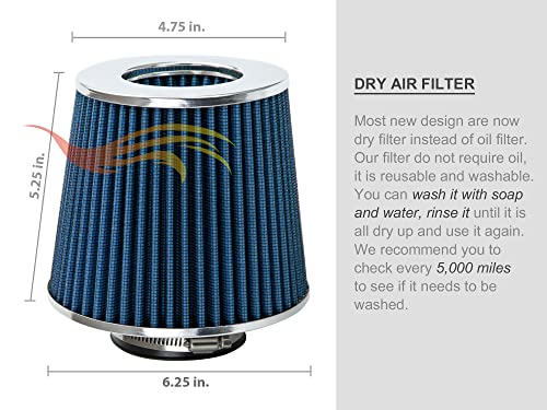 Rtunes Racing 2.5-Inch 63.5mm Washable Dry Clamp-On Cone Air Filter, Blue - size: Standard 2.5"