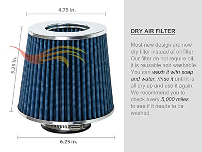 Rtunes Racing 2.5-Inch 63.5mm Washable Dry Clamp-On Cone Air Filter, Blue - size: Standard 2.5"