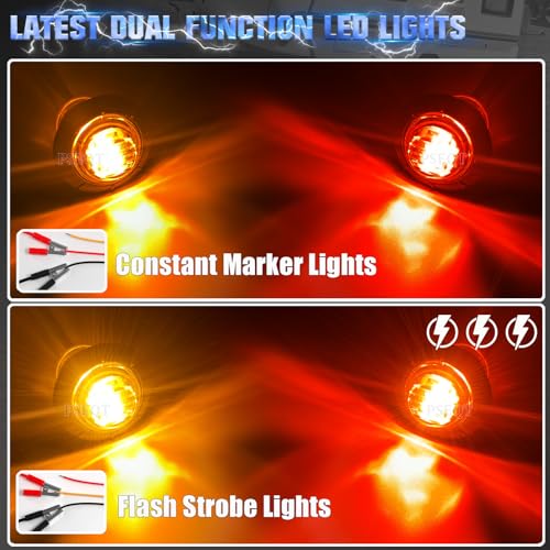 PSEQT 3/4" Strobe Flash+Steady Marker Lights Dual Function LED Trailer Side Clearance Tail Round Lights 12V Brake Stop Turn Signal Warning Lamps for Trailer Truck Bus ATV UTV Van RV (10 Red,10 Amber) - color: 10 Red, 10 Amber