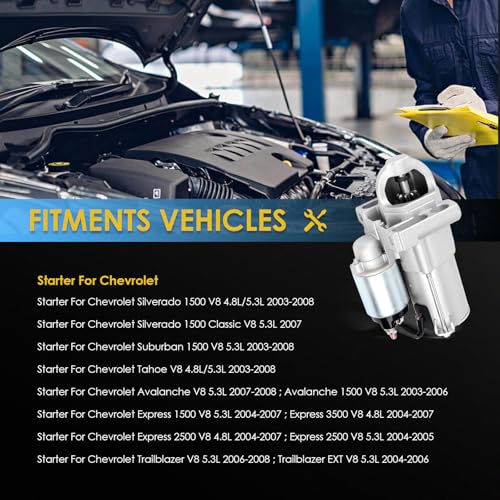 6494N Starter Compatible with 03-08 Chevy Silverado 1500 Tahoe, 07-08 Avalanche, 03-06 Avalanche 1500, 04-07 Rainer, 03-05 Cadillac Escalade, 03-08 GMC Sierra V8 89018123 8000045 410-12257 - color: 6494