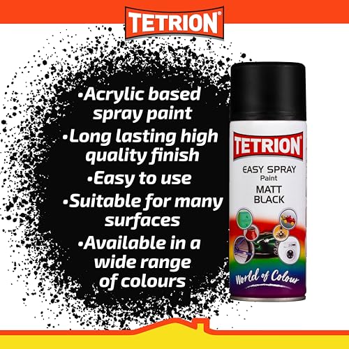 Tetrion Easy Spray Paint - Matt Black 400ml (Pack of 6) - All-Purpose Fast Drying Acrylic Spray for Wood, Metal, Plastic, Ceramic & More, Smooth Base Coat - Indoor & Outdoor Use, 13.5 Oz - color: Black (Matt), size: 13.53 Ounce (Pack of 6)