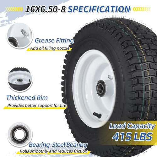 GICOOL 16x6.50-8 Tubeless Tire and Wheel, 【1" Bearing, 4" Centered Hub】,16x6.5-8" Lawn Mower Tires, Universal Fit Riding Mower and Garden Tractor Front Wheels, 4 Ply, V-Turf Pattern, 2 Pack - size: 16x6.50-8 Tubeless (4" Centered Hub,1" Bore)