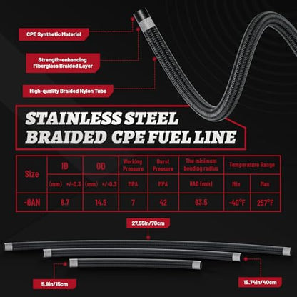 EFI Fuel Pressure Regulator Kit with Bypass Return 0-100psi Pressure Gauge 6AN Fuel Line Adjustable Universal(Black & Red)