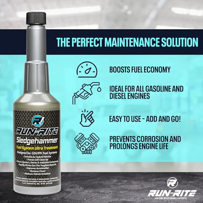 Fuel System Ultra Treatment 16 oz - Valves, Carburetor, Induction Components & Car Fuel Injector Cleaner Gas Additive - Sludge & Fuel System Cleaner for Gasoline Engines Run-Rite SledgeHammer (2-pack)