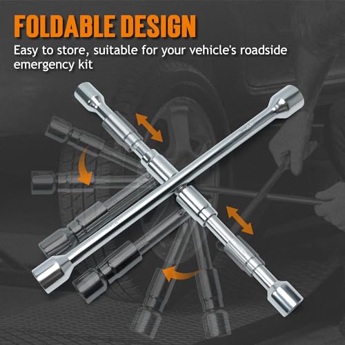 TONDA 4 Way Lug Wrench, Foldable Tire Iron, Lug Nut Wrench, 17/19/21/23mm - style: Foldable