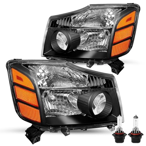 JSBOYAT Headlight Assembly Fit for 2004-2015 Nissan Titan / 05-07 Armada - color: Black Housing with Amber Reflector, size: With High & Low Beam Bulbs
