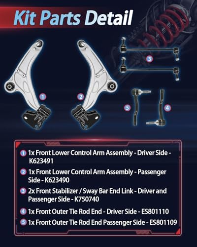 6PCS Front Suspension Control Arms & Steering Kit with Ball Joint, Fit for Ford Edge 2015-2021, Fit for Lincoln MKX 2016-2018, Replaces OE# K623491 K623490 K750740 ES801110 ES801109 - size: 6Pcs Control Arm Suspension Kit