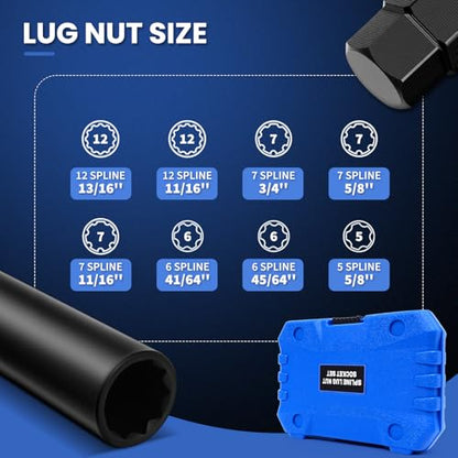 8PCS Spline Lug Nut Socket Set, CR-MO Universal Wheel Lock Removal Tool & Master Key Kit for Automotive Locking Lug Nuts, 5/6/7/12 Spline - size: 8PCS Spline Lug Nut Socket Set