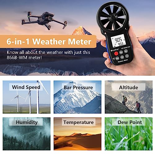 HoldPeak Handheld Anemometer Barometer, Weather Meter for Wind Speed, Temperature, Humidity, Dew Point, Altitude, Barometric Pressure, Wind Chill Measuring, Digital Wind Guage 866B-WM - color: 866B-WM (1 PC)