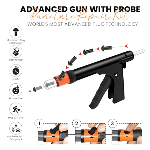 GRAND PITSTOP Tubeless Tire Gun Puncture Repair Kit with Mushroom Plug for Tyre Punctures and Flats on Cars, Motorcycles, ATV, Trucks & Tractors (Gun Puncture Kit with Hole 15 Plugs, Black) - color: Gun Puncture With Hole+30 Plugs