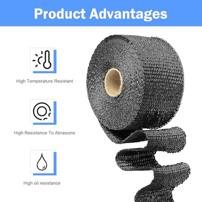 Motorcycle Exhaust Heat Wrap, 16.4 Ft Heat Insulation Protective Wrap with Ties, Cuttable High-temperature Resistant Shield Tape, DIY Modification Part for Most Motorcycles (Black)