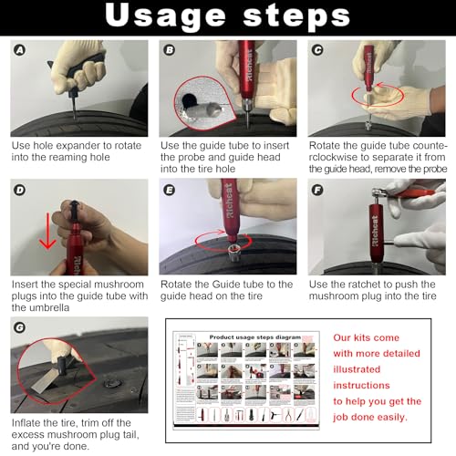 Richcat Tubeless Tire Puncture Repair Kit with Mushroom Plug, Repairs punctures and Flat Tires for Motorcycles, Cars, Trucks, ATVs and Tractors