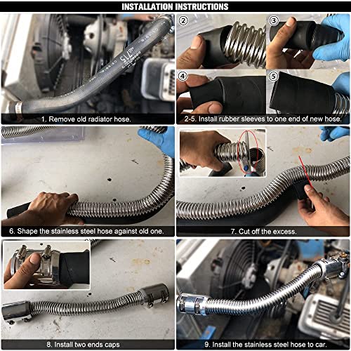 Universal 48inch Flexible Radiator Coolant Hose Stainless Steel Kit with 4Pcs Cap Clamp Silver - size: Silver-48inch