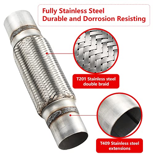 2 Pcs Exhaust Flex Pipe, 2.25''x 8''Stainless Steel Heavy Duty Exhaust Flex Pipe, Double Braid Exhaust Flex Tube, Overall Length 12'' - size: 2.25''x8''x12'', style: 2 PCS