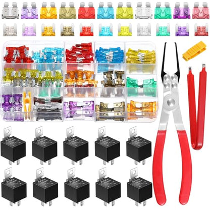 DaisyInner 168 Pcs Car Fuse Assortment Kit 54 Standard and 114 Mini Blade Auto Fuses 2/3/5/7.5/10/15/20/25/30/35/40A, 10 Pcs Car Relay 5 Pin 12V 30/40A and 2 Pcs Relay Fuse Puller Pliers Removal Tools
