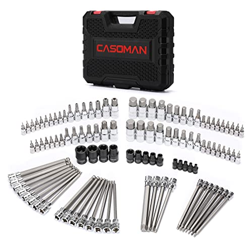 CASOMAN 107 Pieces Bit Socket Set, 1/4", 3/8" and 1/2" Drive, Torx/Tamper Proof Torx/Hex/Ball End Hex, SAE/Metric, S2 Steel Bits