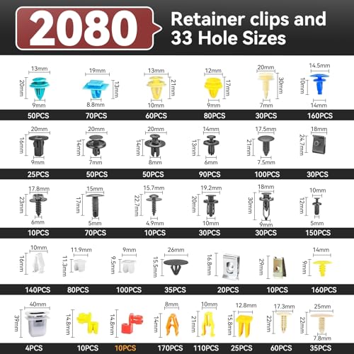 2080PCS Auto Retainer Clips Kit with Fastener Plier, Trim Removal Tools and 3-Layer Organizer Box, 33 Most Common Push Rivets for Car Bumper, Fender, Door Panel and Interior Repair - style: 2080pcs