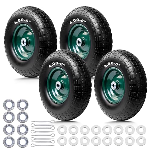 Storystore 4-Pack 4.00-6 Flat Free Tire and Wheel - 13" Wheelbarrow Tires with 5/8" or 3/4" Bearings, 1.75" Centered Hub Heavy Duty Solid Tire for Wheelbarrows, Dolly, Hand Trucks, Wagon and Trailer - size: 13Inch / 4Pack / Green