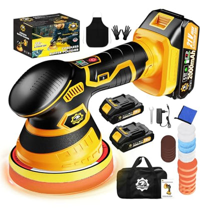 Cordless Car Buffer Polisher kit, DA Polisher with 2*21V Batteries - color: Yellow