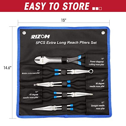 Rizom 5-Piece Long Needle Nose Pliers Set, 11'' Long Reach Bent Nose Pliers - size: 5PCS