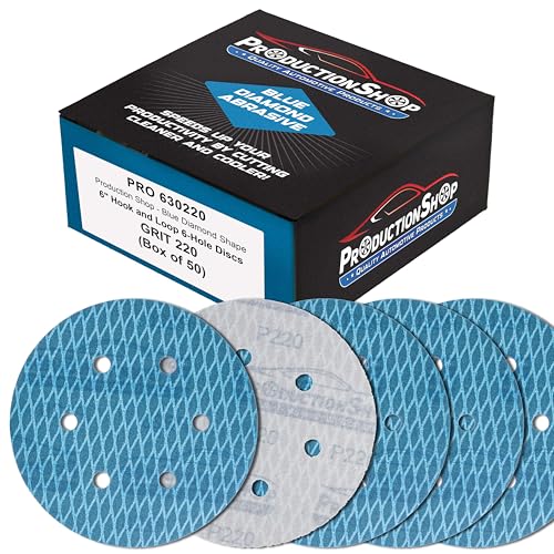 ProductionShop Premium 220 Grit 6" Rhombus Diamond Shape Blue Sanding Discs, 6-Hole, Box of 50 - Hook & Loop Anti-Clogging J-Cloth Dustless Sandpaper for Random Orbital Sanders, Sand Auto Paint, Wood - style: 220 Grit