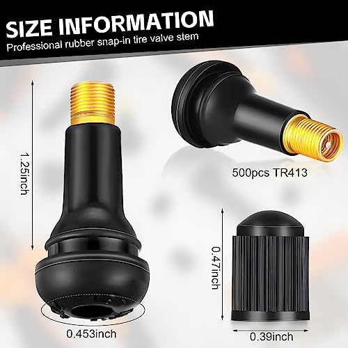 BBTO TR413 Tubeless Valve Stems - Rubber Snap-in Valve Stems, Black, Standard Length, Replacement for Car Tubeless Rims(500 Pcs)