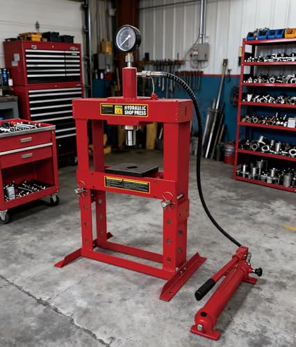 Superokay 10 Ton Shop Press, Welded H-Frame, 6.5 Inch Stroke, Manual Pump