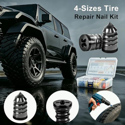 100pcs Tire Repair Rubber Nails Kit With 4 Sizes, Fast Tire Repair Tools, Vacuum Tire Repair Rubber Nail, Spiral Tire Screw Plugs, Tire Repair Kit, Suitable For Cars, Motorcycles, Bicycles And Jeeps