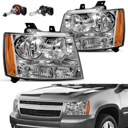 JSBOYAT Headlight with Bulbs Fit 2007-2014 Chevy Tahoe Suburban Avalanche - color: Chrome Housing with Amber Reflector, size: w/ 9005&H11 Bulbs