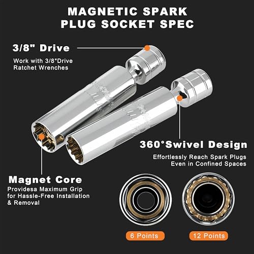 AEROFORCE 14PCS 3/8-Inch Drive Swivel Magnetic Spark Plug Socket Set with 3/8" Torque Wrench (5-45 Lb.ft/6.8-61.2 Nm), Universal Joint & Extension Bar - Durable CR-V Steel for Easy Spark Plug Removal - size: 14PCS Magnetic