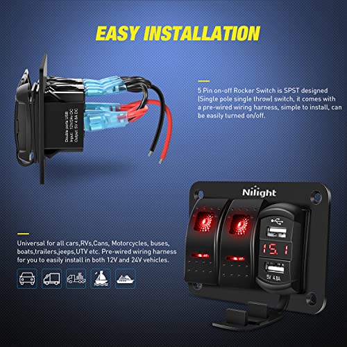 Nilight 2 Gang Rocker Switch Panel with Dual USB Socket Voltmeter - color: Red, size: 3 Gang Dual USB