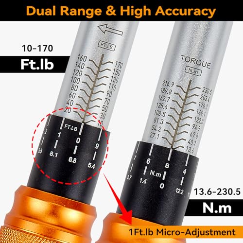 1/2 Inch Drive Click Torque Wrench Set for Tire Changes | 10-170 ft-lb/13.6-230.5 Nm, ±3% Accuracy, 17/19/21 mm Lug Nut Sockets, 72-Tooth Ratchet, Storage Case - size: 1/2" Drive, 6-Piece