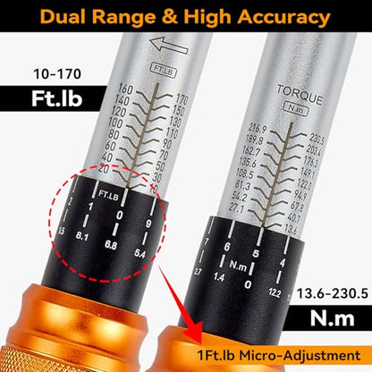1/2 Inch Drive Click Torque Wrench Set for Tire Changes | 10-170 ft-lb/13.6-230.5 Nm, ±3% Accuracy, 17/19/21 mm Lug Nut Sockets, 72-Tooth Ratchet, Storage Case - size: 1/2" Drive, 6-Piece