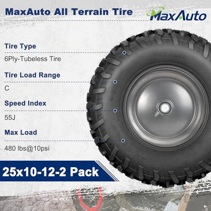 MaxAuto Set of 2 AT25x10-12 ATV UTV Mud Sand Tires,25x10x12 All-Terrain Off-Road Rear Tires,6 PR, Tubeless - size: 25x10-12 Rear