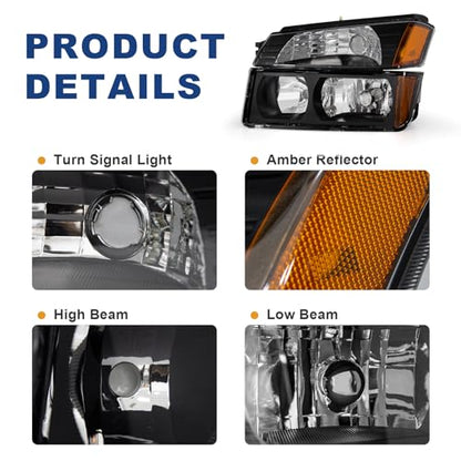 AS Headlight Assembly for 2002 2003 2004 2005 2006 Chevy Avalanche 1500 2500 Black Housing Amber Reflector Passenger and Driver Side - color: BLACK