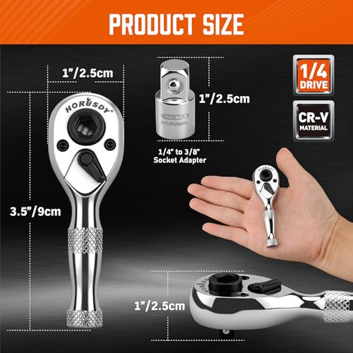 HORUSDY 1/4-Inch Stubby Ratchet Wrench Set, Chrome Alloy 90-Tooth Reversible 1/4" Drive Handle with Magnetic Bit Driver & 1/4" to 3/8" Adapter, Compact Socket Wrench for Tight Spaces, Auto, DIY - color: 1/4" Drive 90t Stubby Silver