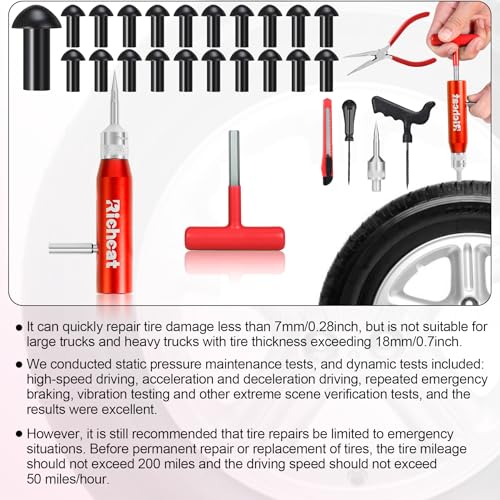 Richcat Tubeless Tire Puncture Repair Kit with Mushroom Plug, Repairs punctures and Flat Tires for Motorcycles, Cars, Trucks, ATVs and Tractors - size: 15Plugs Kit