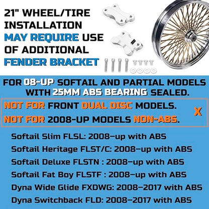 FatFlex Front Wheel for Harley Softail Slim Fat Boy 21” x 3.5” Gold - color: 21*3.5'', Chrome+Gold+Chrome