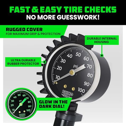Rhino USA Tire Pressure Gauge with Inflator (0-100 PSI) - Braided Hose - style: 100psi Analog