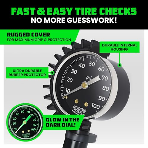 Rhino USA Tire Pressure Gauge with Inflator (0-100 PSI) - Braided Hose - style: 100psi Analog