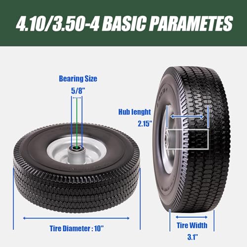 4.10/3.50-4 Tire & Wheel Flat Free, 4 Pack Heavy Duty Solid PU Non-inflated Tires with Double Sealed Bearings, 5/8 in Axle Bore Hole & 2.15 in Offset Hub for Dolly/Dump Cart/Wheelbarrow - size: 4 Pack Tires