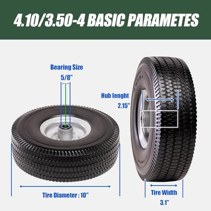 4.10/3.50-4 Tire & Wheel Flat Free, 4 Pack Heavy Duty Solid PU Non-inflated Tires with Double Sealed Bearings, 5/8 in Axle Bore Hole & 2.15 in Offset Hub for Dolly/Dump Cart/Wheelbarrow - size: 4 Pack Tires