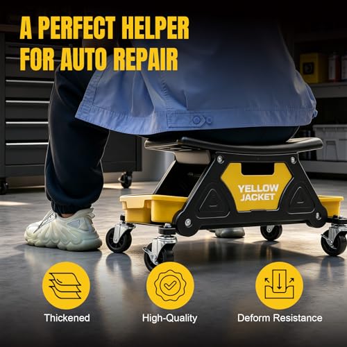 YELLOW JACKET Rolling Mechanic Seat with Drawer & Trays, 300lb, Garage Shop